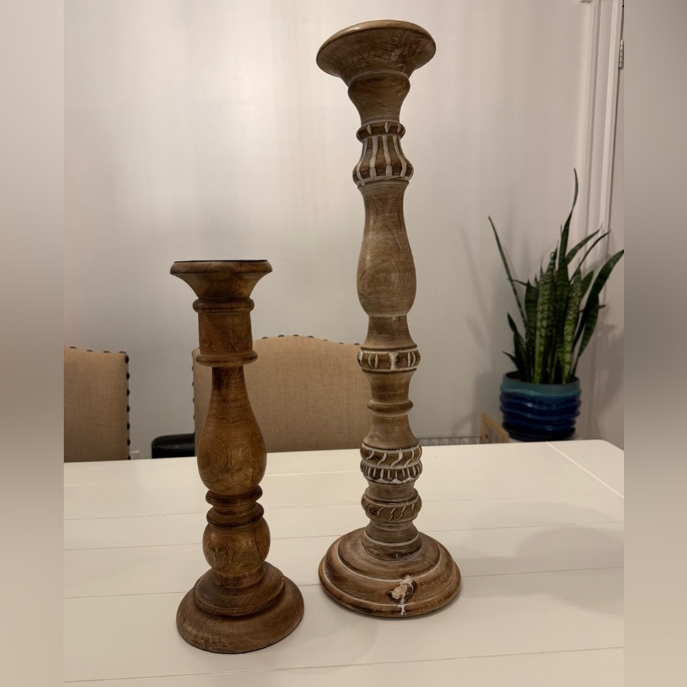 Farmhouse, Natural, Bohemian styles Pillar Candle Holders. H’ 23.75” and H’ 15”.